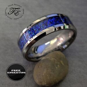 Personalized Men's Real Silver Tungsten Wedding Ring With Blue Galaxy Opal Inlay